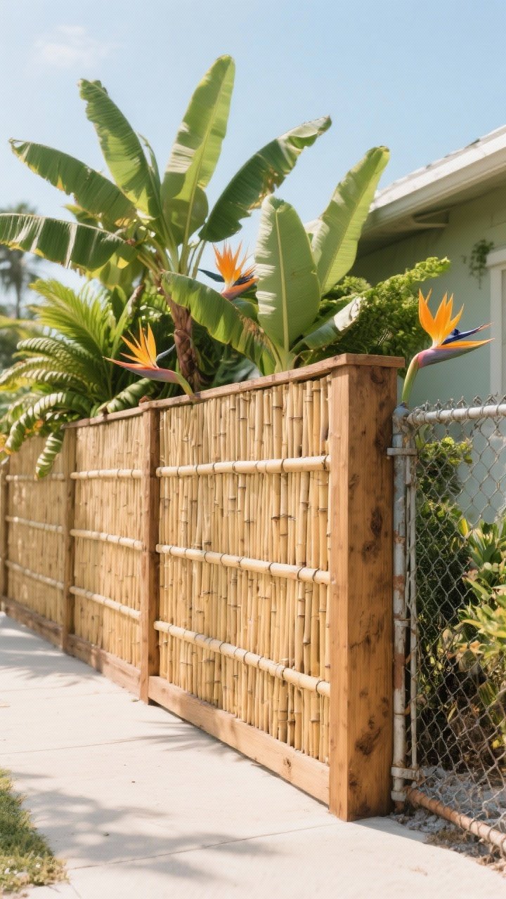 Wide, straight-on shot of a coastal-inspired fence using horizontal bamboo reed panels attached to a pressure-treated wood frame; natural variation in bamboo color and texture visible; layered tropical greenery—banana plants and birds of paradise—soften the fence line; bright, sunlit afternoon with warm tones; subtle weathering on bamboo, lightly sealed finish; a corner of an older chain-link glimpsed behind a wrapped section to show coverage use.