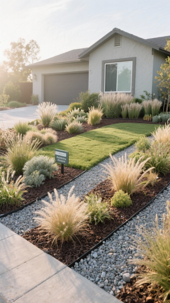 Wide, straight-on shot of a front yard converted to native, low-maintenance landscaping: lawn strips replaced with drought-tolerant natives and ornamental grasses; a cohesive palette of 5–7 region-appropriate plants repeated; 2–3 inch mulch layer uniformly applied; gravel or DG paths thread through for access; signage or rebate-friendly appearance implied without text; soft morning light; textures: feathery grasses, matte mulch, gravel crunch; no people.