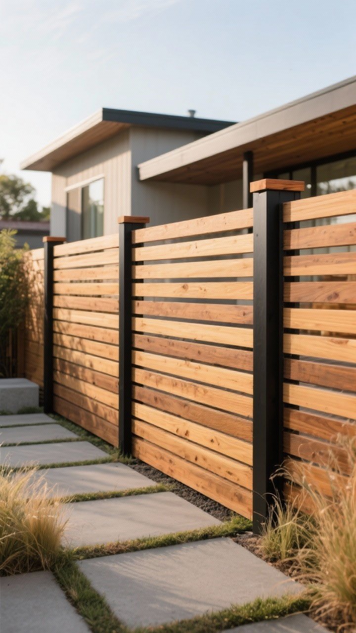 Wide, straight-on shot of a modern backyard boundary featuring horizontal cedar slat fencing with a matte black steel frame; tight 1/4-inch gaps between slats for airflow, clean lines emphasizing visual width; low-profile mid-century home backdrop, poured concrete pavers, and minimalist landscaping with grasses; late-afternoon soft natural light to highlight wood grain; include a small cap of stain-sealed cedar showing rich warm tones; no people.