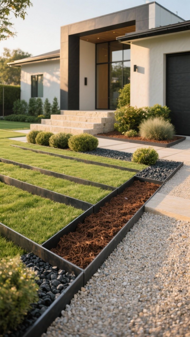 Wide, straight-on shot of a modern front yard with bold, clean edges: dark steel metal edging crisply outlining light buff decomposed granite and charcoal gravel beds around a lush green lawn; repeated straight-line geometry echoing a modern facade; limestone step border along a path; fresh, rich-brown mulch neatly contained within the edging around fluffy shrubs; strong contrast between dark metal and pale gravel emphasized by late-afternoon warm sunlight; no people, photorealistic.