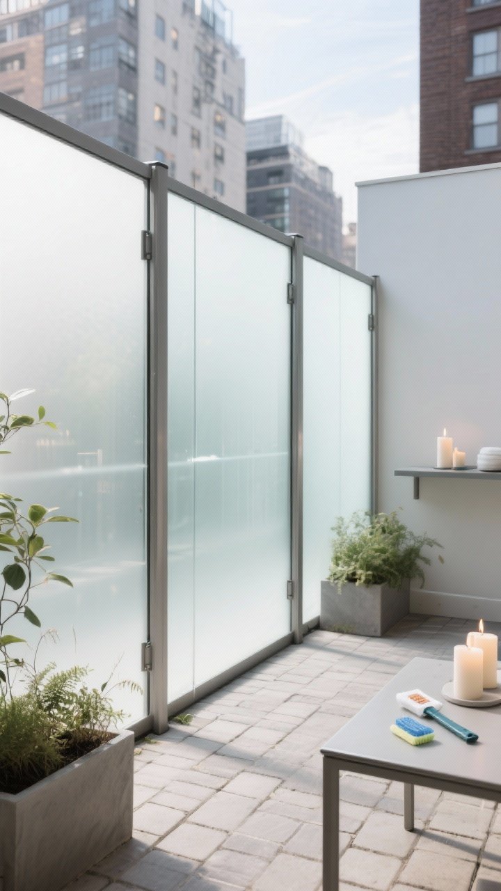 Wide, straight-on shot of a sleek frosted glass fence enclosing a small urban patio: tempered, laminated frosted glass panels in powder-coated aluminum posts; abundant daylight passes through, brightening pavers and planters while providing full privacy; wind-still ambiance with lit candles on a low table; a small maintenance kit—glass cleaner and squeegee—placed neatly on a shelf; clean, spa-like mood.