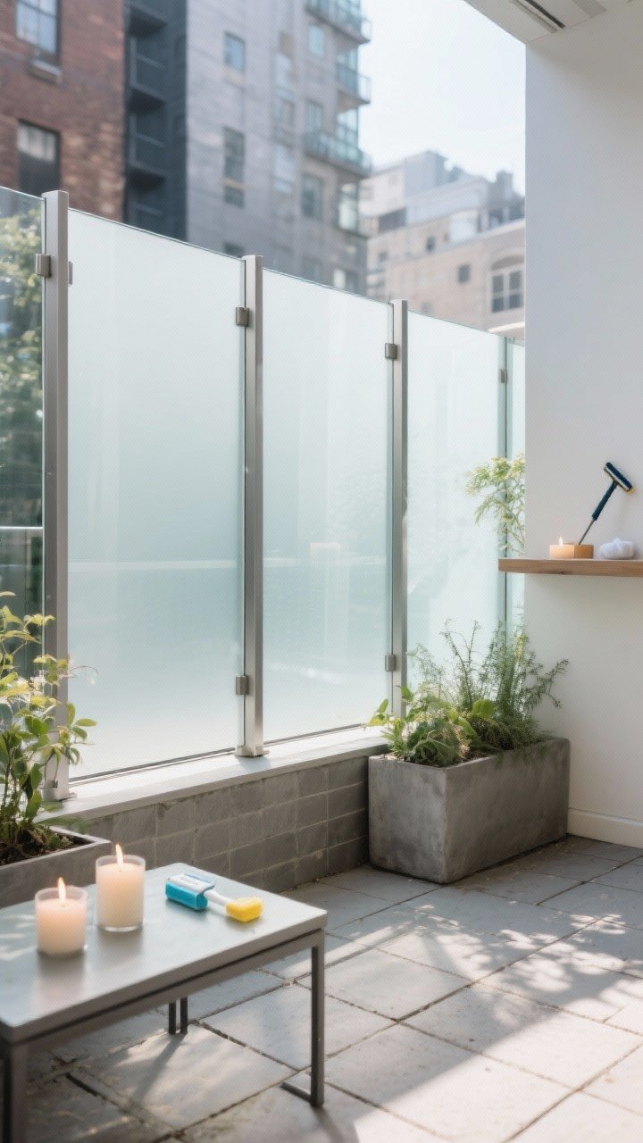Wide, straight-on shot of a sleek frosted glass fence enclosing a small urban patio: tempered, laminated frosted glass panels in powder-coated aluminum posts; abundant daylight passes through, brightening pavers and planters while providing full privacy; wind-still ambiance with lit candles on a low table; a small maintenance kit—glass cleaner and squeegee—placed neatly on a shelf; clean, spa-like mood.