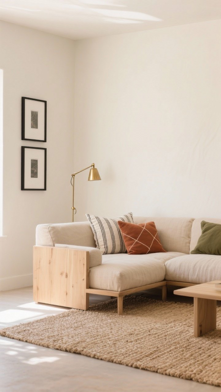 Wide straight-on view of a calm neutral boho living room showcasing a soft, nuanced palette: cream/ecru painted walls, a warm beige linen sofa (60% light neutrals), mid-tone light wood elements and a sisal rug (30%), and subtle darker accents (10%) like matte black picture frames and a few rust/olive pillows; restrained patterns via tone-on-tone stripes and a simple geometric lumbar pillow; brushed brass hardware on a minimal floor lamp adds a quiet shimmer; balanced composition using the 60/30/10 rule; bright but soft daytime lighting, airy and warm, photorealistic.
