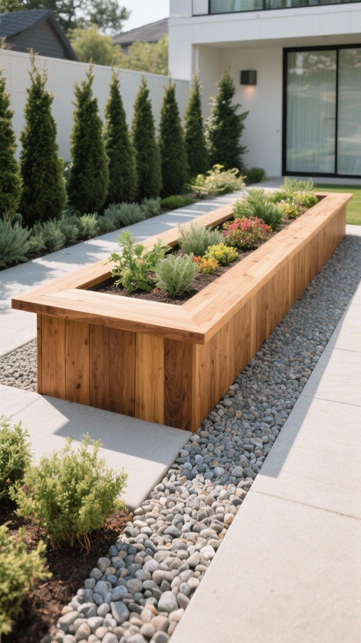 Wide, straight-on view of a custom-looking raised bed: long, low rectangular cedar bed, 16 inches tall with a smooth 2x4 top cap creating a bench-like edge; cedar stained a warm natural tone, surrounded by neat pea gravel paths; planting repeats structured evergreens and herbs with small pockets of seasonal color; minimalist, high-end feel, even daylight, sharp edges and clean lines, no people.
