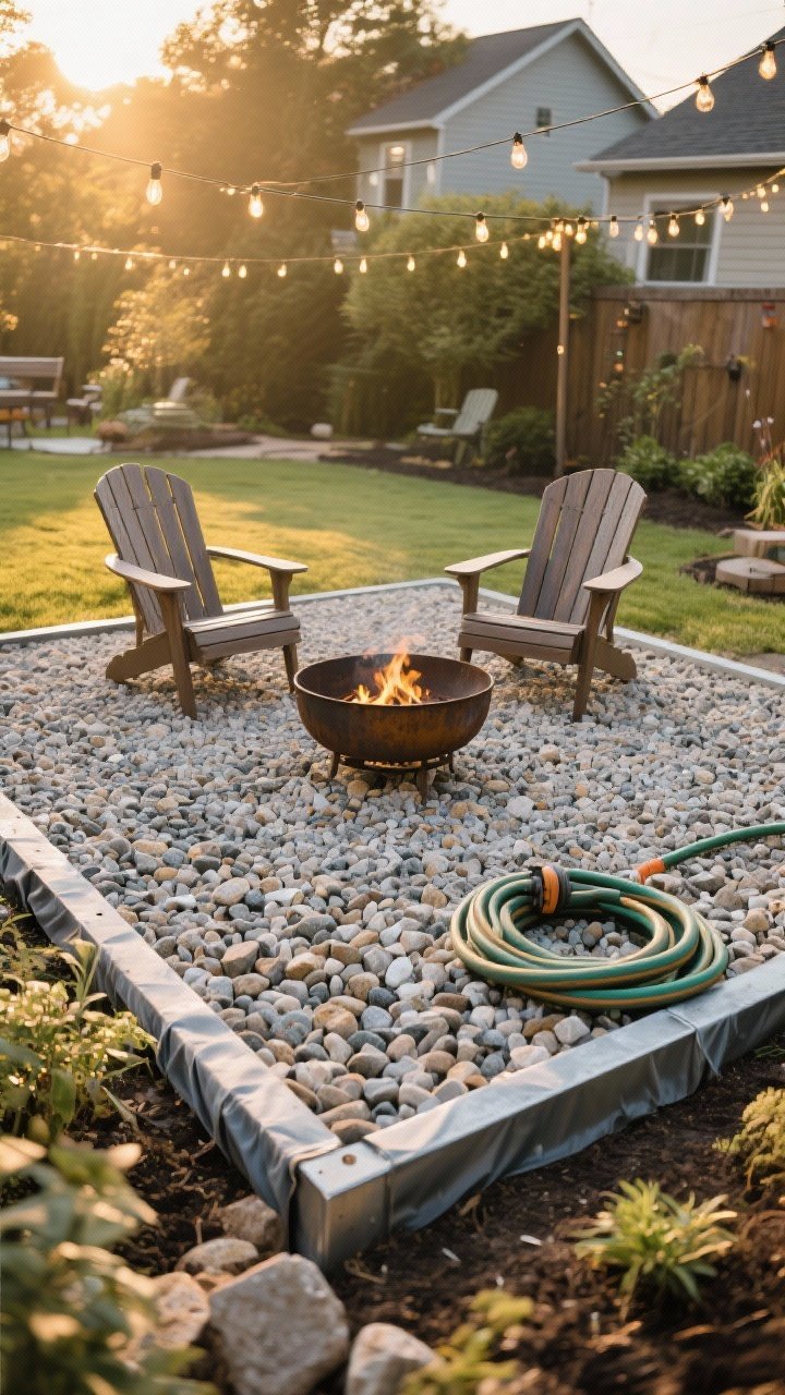 Wide, straight-on view of a DIY gravel patio weekend build. Show the sequence completed: compacted crushed stone base topped with decorative gravel inside metal edging, with landscape fabric visible at a small edge. Style with a small round steel fire pit, two classic Adirondack chairs, and warm string lights overhead. Include a garden hose coiled nearby as if used to mark the area. Golden-hour lighting to highlight the gravel texture and cozy hangout vibe, photorealistic.