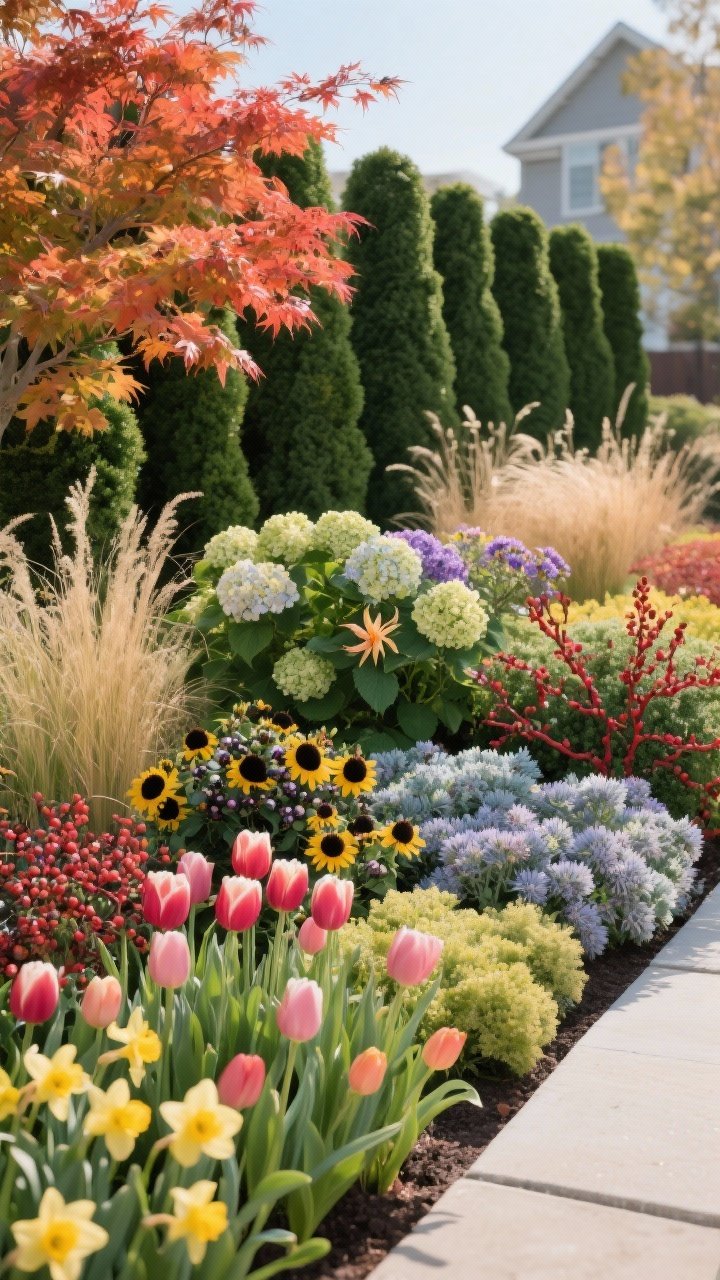 Wide, straight-on view of a four-season color story planting bed: spring tulips and daffodils interspersed with a flowering serviceberry, summer hydrangea, daylily, black-eyed Susan, and ornamental grasses, fall Japanese maple with fiery foliage and asters/sedum, and winter structure from repeating evergreen boxwood and red twig dogwood; grasses left standing; composition shows staggered bloom/foliage interest with evergreen anchors repeated; bright natural daylight; no people, photorealistic.
