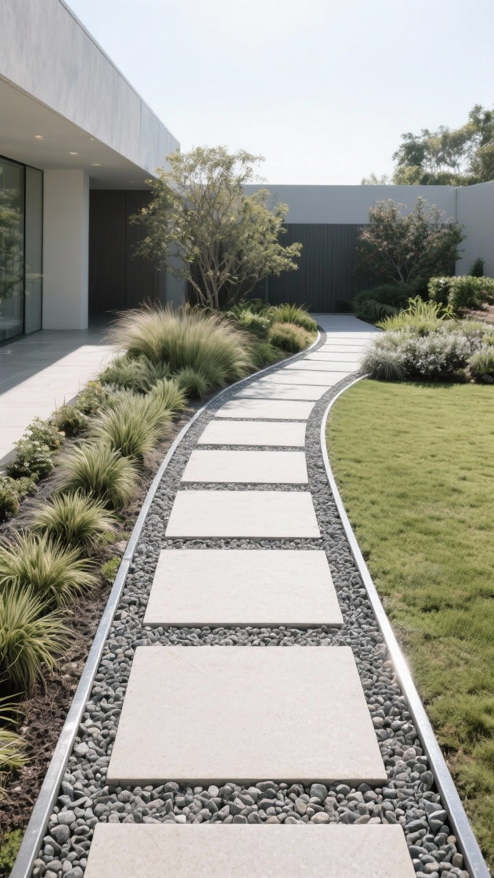 Wide, straight-on view of a garden pathway as the organizing element: large-format rectangular pavers set in compacted gravel, edging defined with sleek steel, path at least 36 inches wide; a gentle curved segment leads the eye through the space, bordered by low groundcovers and mondo grass for a crisp, finished look; neutral, bright daytime lighting for clarity.