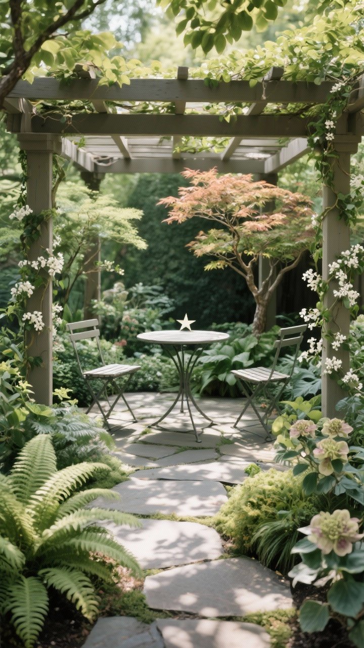 Wide, straight-on view of a shaded garden “room” beneath a leafy pergola and small canopy trees (Japanese maple and serviceberry). Understory carpeted with ferns, hostas, hellebores, heuchera, and lamium in dappled light. A simple bistro table and two chairs placed on flagstone, with star jasmine and clematis beginning to twine up pergola posts. Cool, tranquil ambiance with mottled shade patterns on the ground.