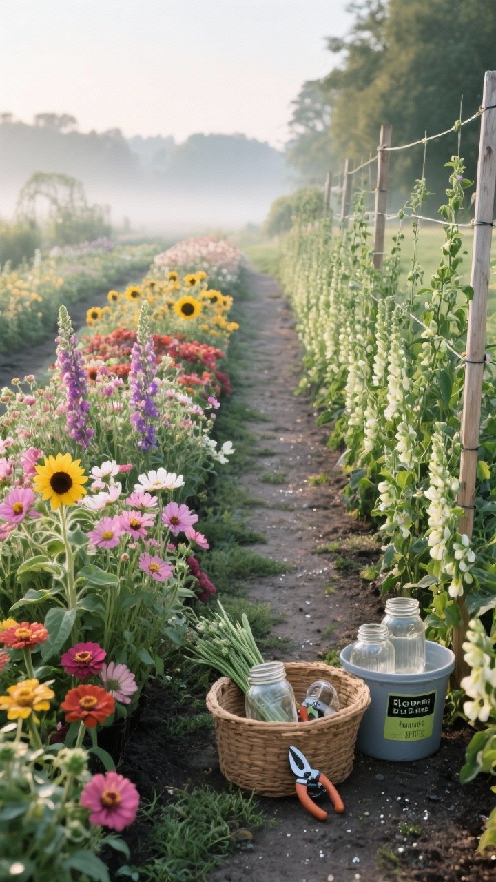 Wide, tidy mini cut-flower patch arranged in rows/blocks: zinnias, snapdragons, branching sunflowers, cosmos, and a row of sweet peas on a simple trellis; a labeled bloom booster container nearby; early morning cool light with soft dew on petals; a basket with clean mason jars and pruners on the path; perspective from the path looking down rows, emphasizing abundant stems ready for cutting