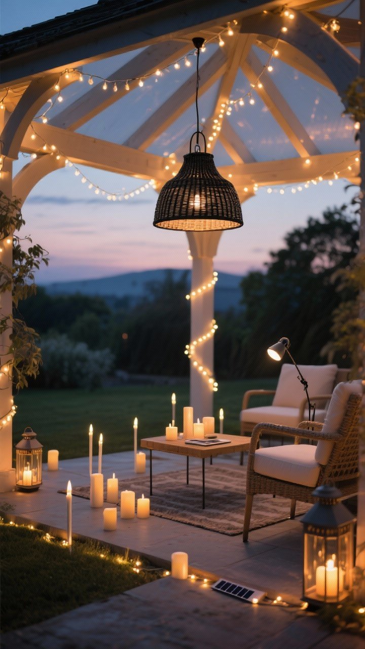 Wide-to-medium shot: Gazebo at dusk showcasing layered lighting—an outdoor-rated rattan or black metal pendant chandelier overhead, dimmable string lights zigzagged across beams, lanterns and LED candles arranged on the floor and side table, solar path stakes glowing around the base, and a small clip-on task light on a chair arm; warm “instant atmosphere” scene controlled with smart plugs, photorealistic.