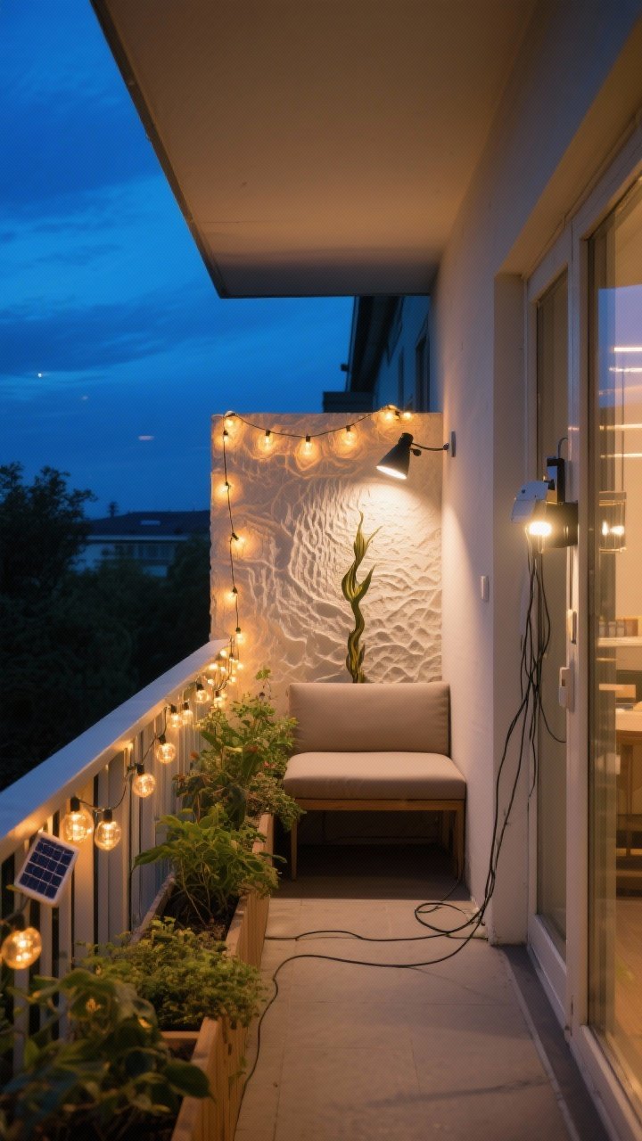 Wide twilight shot of a small balcony garden glowing at night: warm solar string lights draped along the railing and above a seating nook, a low-voltage spotlight aimed at a statement textured wall and a sculptural plant, and indoor-facing window with clip-on LED grow lights visible for low-sun support. Outdoor-rated fixtures, tidy cords, layered light temperatures, cozy ambience against deep blue sky.