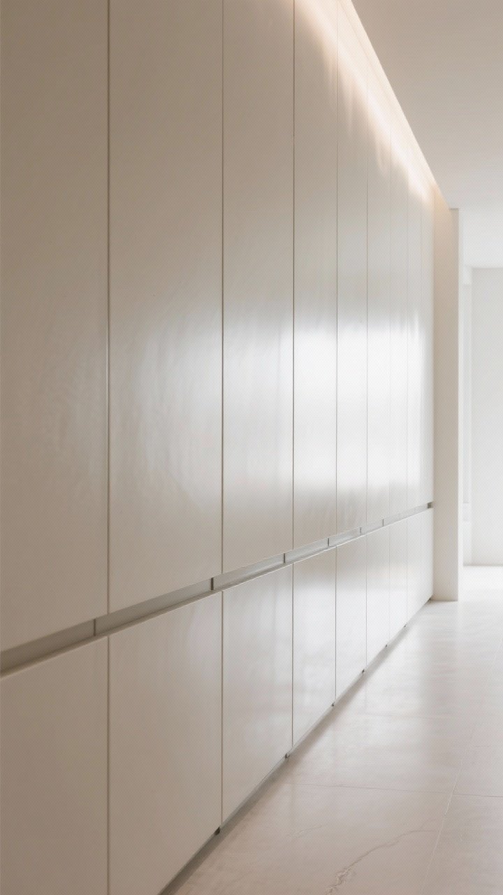 2–2 cm profile, paired with flush-panel cabinetry below; photorealistic texture capturing the polished surface reflecting light; tight walkway visible as a blur to suggest protection from scuffs; neutral, bright palette with soft reflections; side angle to emphasize continuous lines and seamless drop
