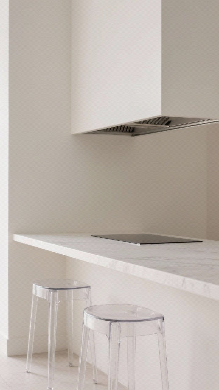 2cm white quartz countertop with crisp edges, a low-profile vent hood that visually recedes, and two backless clear acrylic stools tucked beneath a shallow ledge. Neutral, soft lighting to highlight the sleek, uncluttered silhouette.