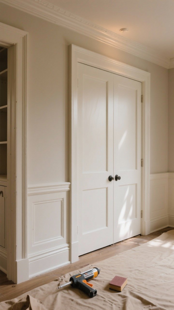 5–2 inch trim creating Shaker-style doors, fresh crown molding capping the uppers, and a beefed-up toe-kick/base trim for a built-in look. Joints neatly caulked and sanded, then painted together in a cohesive satin finish. Include a small caulk gun and sanding block on a drop cloth near the toe-kick. Warm ambient lighting to emphasize crisp shadows and architectural depth.