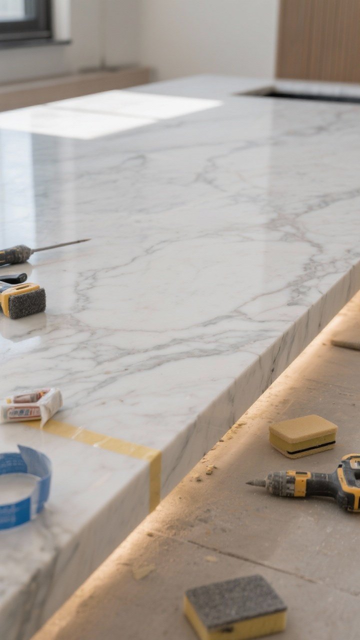 5-inch edge build-up around the perimeter to mimic a thick custom slab; subtle epoxy marble veining detail; scattered tools (masking tape, sanding block) at frame edge; indirect daylight emphasizes surface textures.