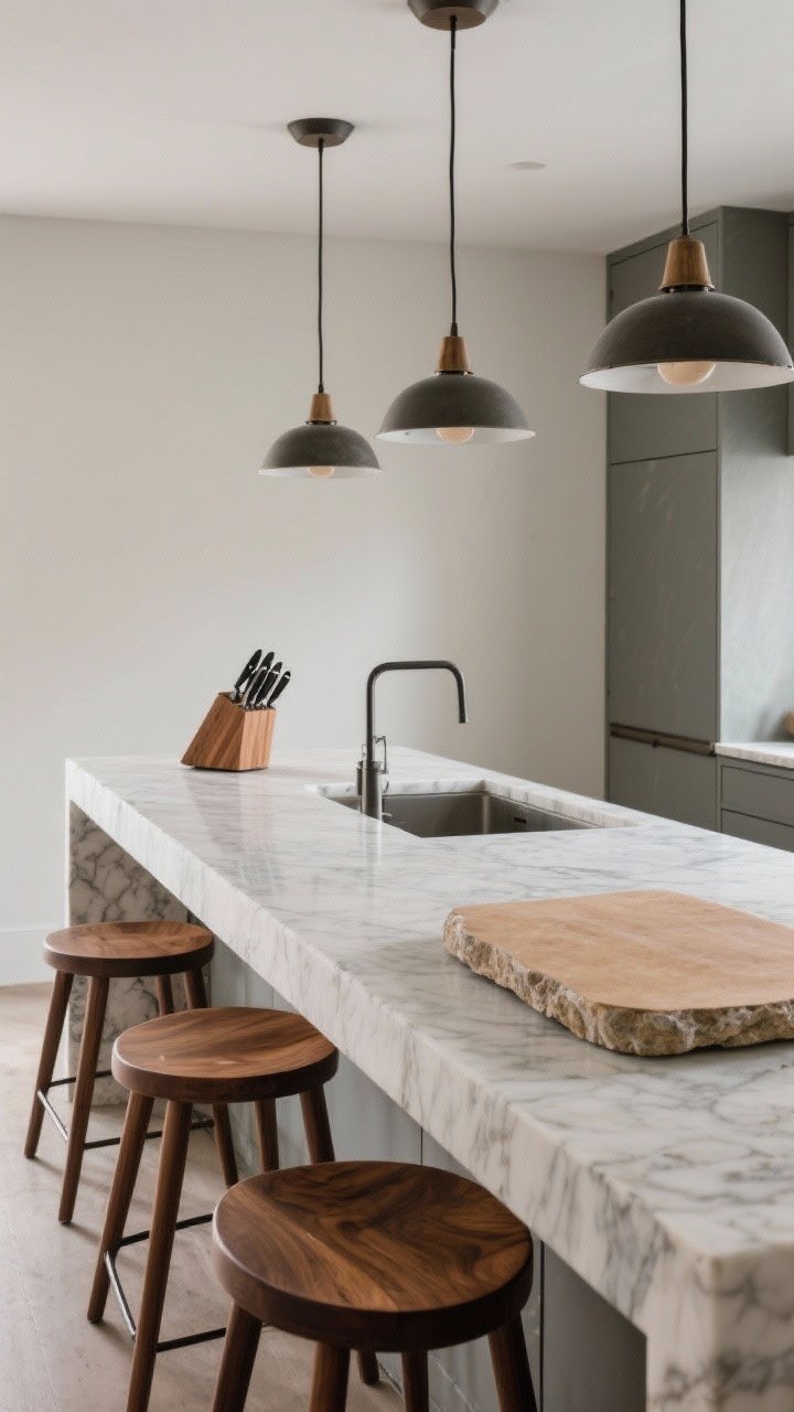 5-inch honed quartzite waterfall countertop, integrated wood knife block at one end, a set-in stone pastry slab surface insert, and walnut stools tucked beneath; balanced natural and pendant lighting to emphasize thickness and luxe, grounded feel; surrounding elements kept minimal.