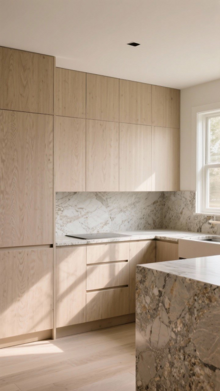 5-inch slab, flat handle-free base panels, and subtle grain patterns; pair with contrasting stone countertops on the surrounding perimeter to avoid matchy-matchy, soft morning natural light from side windows, clean lines, uncluttered surfaces, neutral palette with warm undertones, cozy yet polished vibe.