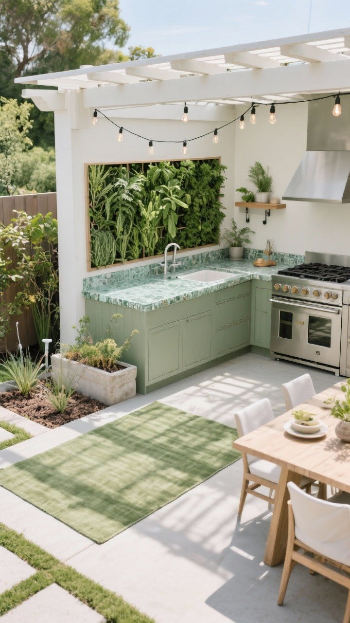 A clean, editorial-style conclusion image: an overhead shot of a cohesive backyard green kitchen vignette combining elements—snippet of herb wall, a slice of recycled glass countertop, a corner of the pergola with string lights, a small drought-tolerant planter with mulch and drip emitter, and a swatch of the sage-toned outdoor rug—arranged to showcase smart materials, living elements, and an under-the-sky cooking-dining lifestyle; soft, even daylight for a polished, photorealistic look.