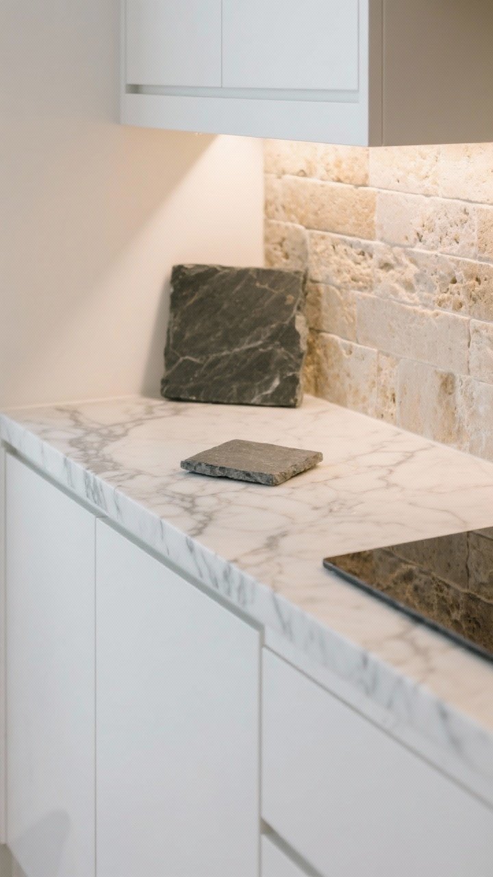 A closeup, angled detail of organic stone surfaces in a white kitchen: a honed marble-look quartz counter with soft gray veining meeting a travertine backsplash, with a small swatch of dark, honed soapstone sample set on the counter. Low-sheen, honed/leathered finishes visible, warm ambient light emphasizing natural movement, no people.