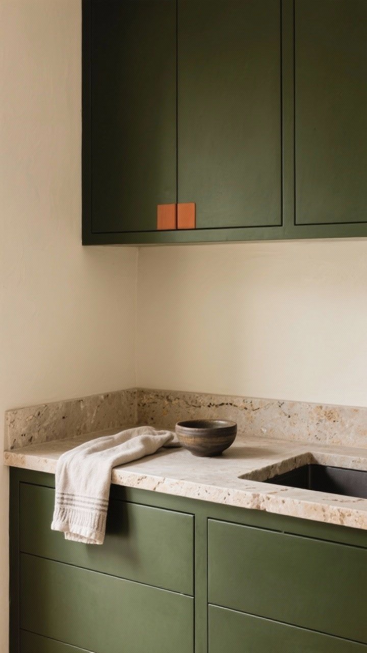 A closeup cabinet-and-wall color study: moody olive green lower cabinets in matte sheen, cream eggshell walls above a honed stone countertop, with subtle accents in terracotta and charcoal via a folded linen towel and a small ceramic bowl; soft, warm ambient light (no gloss), photorealistic texture on paint and stone