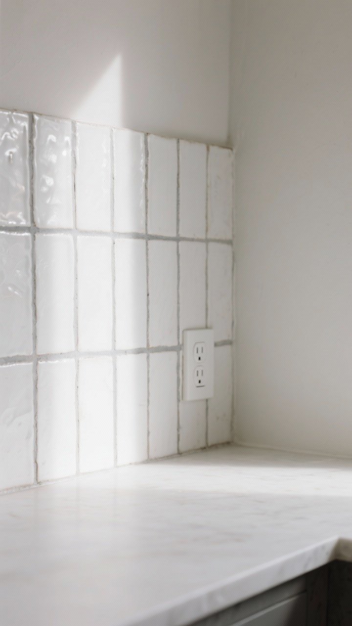 A closeup detail of a white backsplash as the quiet star: hand-glazed white zellige tiles with subtle variation and a soft gray grout, catching raking morning light to reveal texture. Include a sliver of a white counter and the edge of a white outlet cover for scale. Alternative elongated 2x8 tiles appear on an adjacent wall in shallow focus, corner perspective.