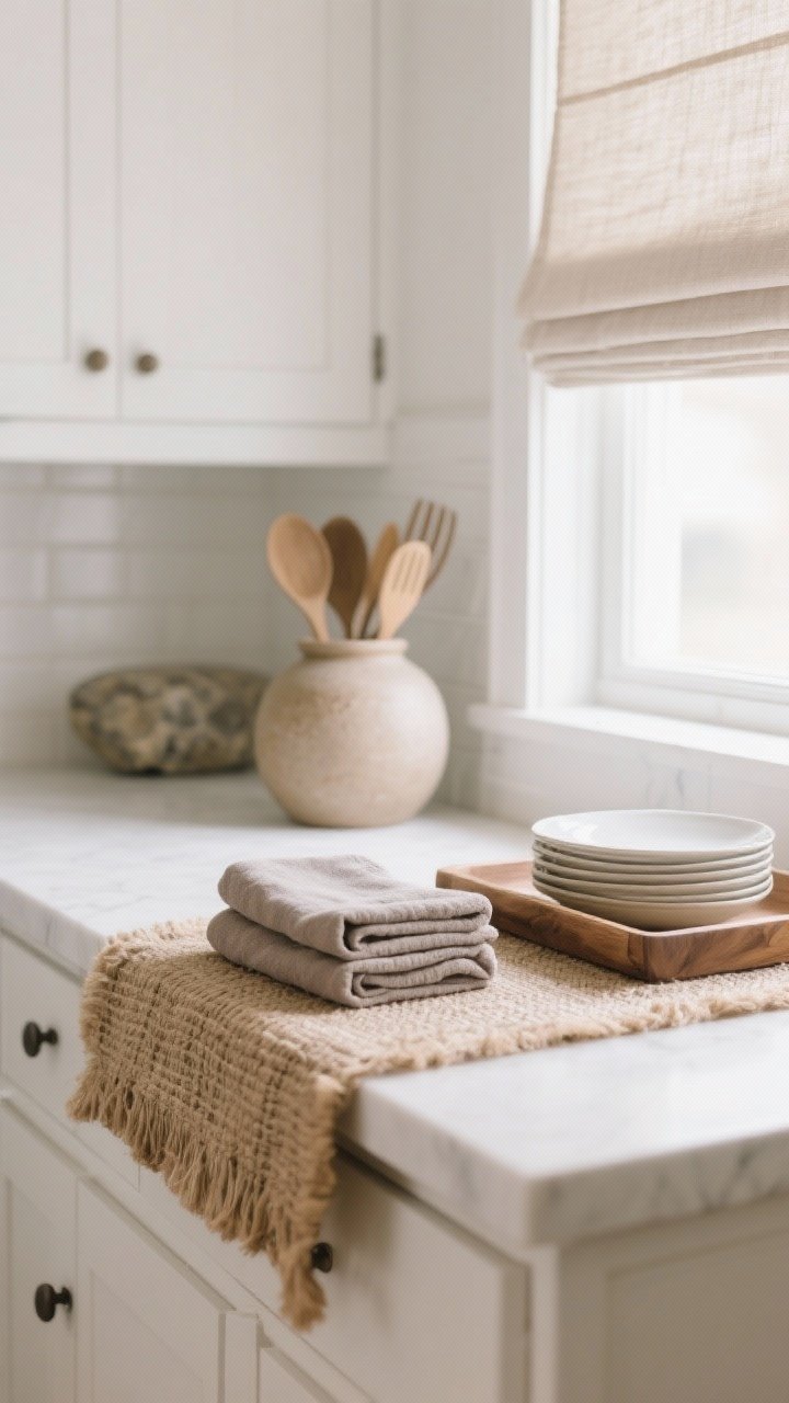 A closeup detail of soft neutrals layered into a white kitchen: oatmeal linen Roman shade, natural jute runner underfoot, stone-colored dish towels folded on a white counter, a matte stone vase, ceramic utensil crock in warm putty, and a wooden tray. Background hints of white cabinetry stay out of focus. Gentle daylight for a serene, collected mood; no bold colors, just taupe, oat, mushroom tones.