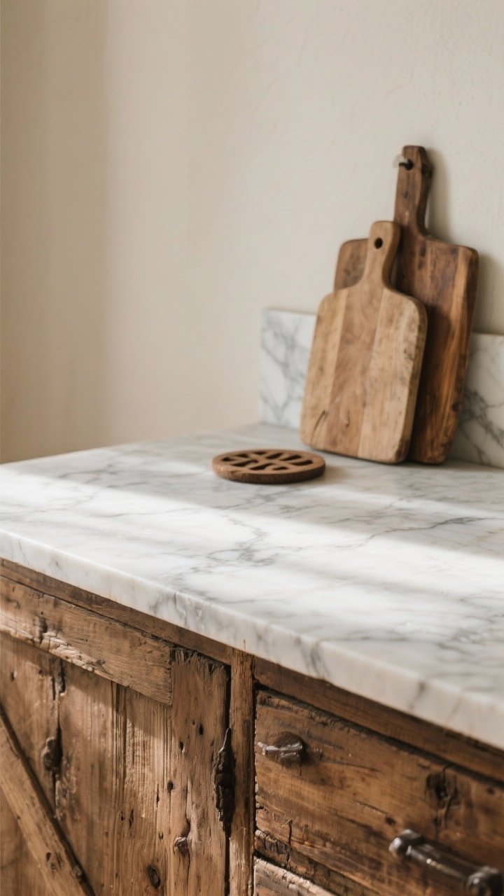 A closeup detail shot of a stone-top rustic island surface: honed Carrara marble slab with soft, aged patina on an antique pine base; diffused morning light grazing the matte stone to reveal subtle veining; nearby cutting board and trivet placed for care realism; edges of the pine show wear and hand-rubbed character; focus on tactile contrast between cool stone and warm wood.