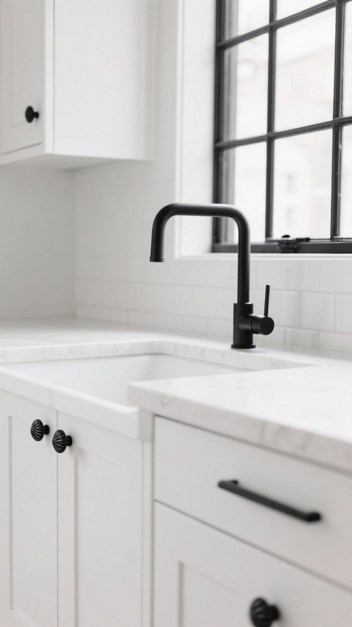 A closeup detail shot of white cabinetry with slim black pulls and knurled knobs, a matte black bridge faucet with matching pot filler over a white sink, and a glimpse of black steel-look window mullions framing daylight. The white counter and backsplash are clean and minimal to let the dark accents pop. Neutral, bright lighting, straight-on tight crop.