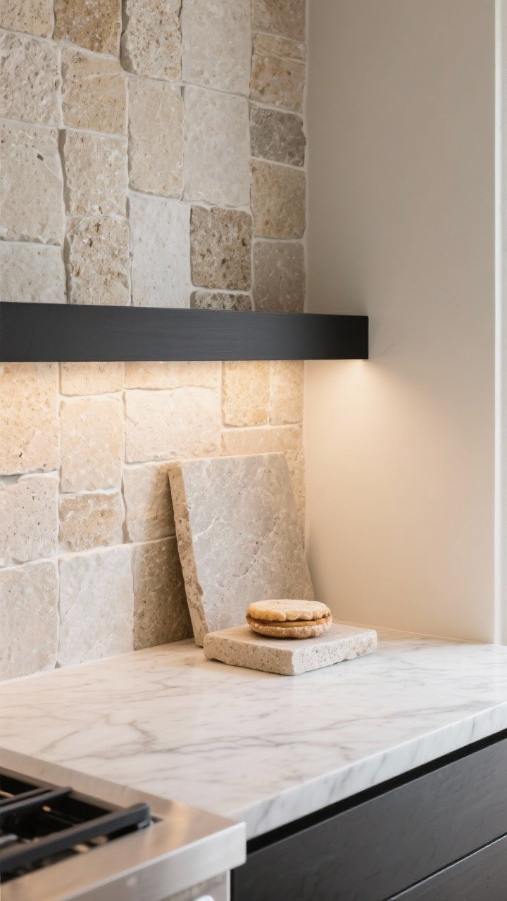 A closeup of scaled natural stone elements: a tumbled limestone tile backsplash with soft, tonal grout behind a simple matte black rail, a small soapstone pastry slab resting on a light counter, and marble-look quartz counters showing subtle veining; gentle side lighting to bring out the stone’s texture without harsh contrast