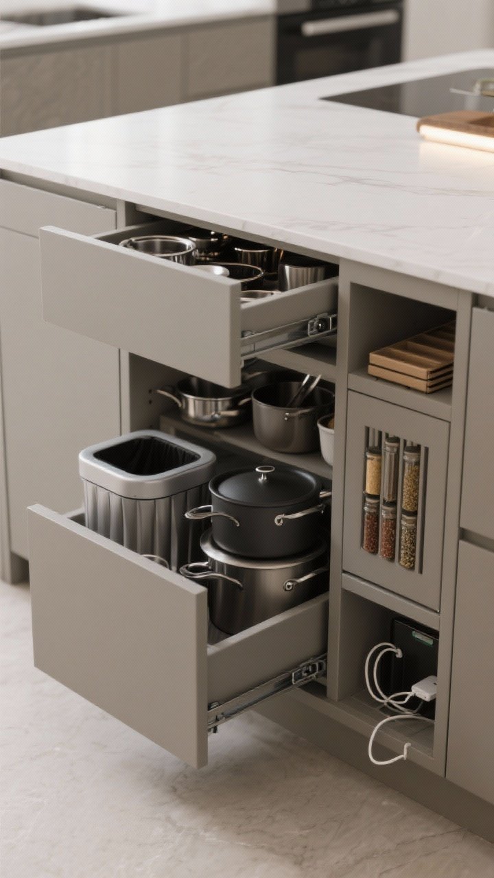 A closeup of smart island storage opened: deep drawers with full-extension slides revealing neatly organized pots, a pull-out trash compartment, slim pull-out spice rack, vertical dividers for trays, and a hidden charging cubby with cords tucked away; soft-close hardware mid-motion; matte neutral cabinetry, clutter-free countertop edge visible; crisp task lighting highlighting organization