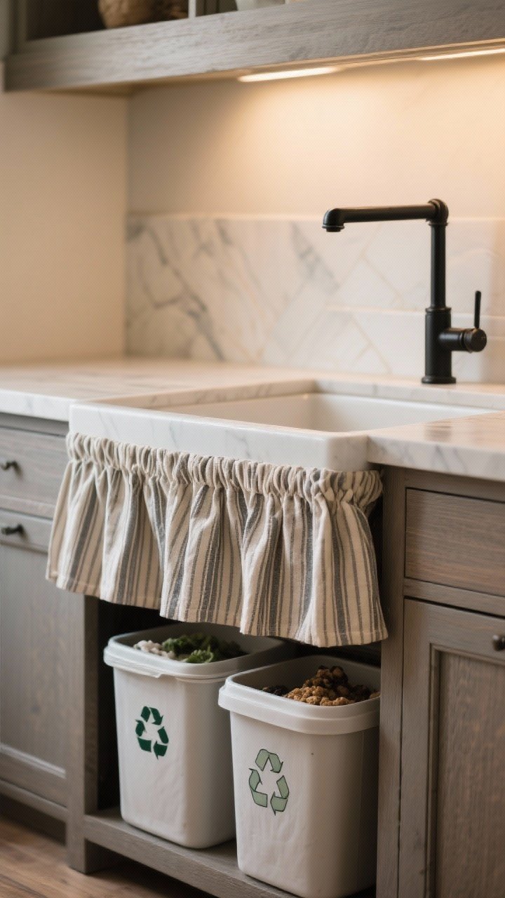 A closeup, slightly angled shot of a farmhouse sink with a pretty-but-useful skirt: ticking stripe fabric in muted tones hanging from a slim black iron rod, concealing sealed bins for recycling and pet food; textured apron-front sink and surrounding matte wood tones visible; washable fabric drape and neat pleats emphasized; warm, practical kitchen lighting, photorealistic