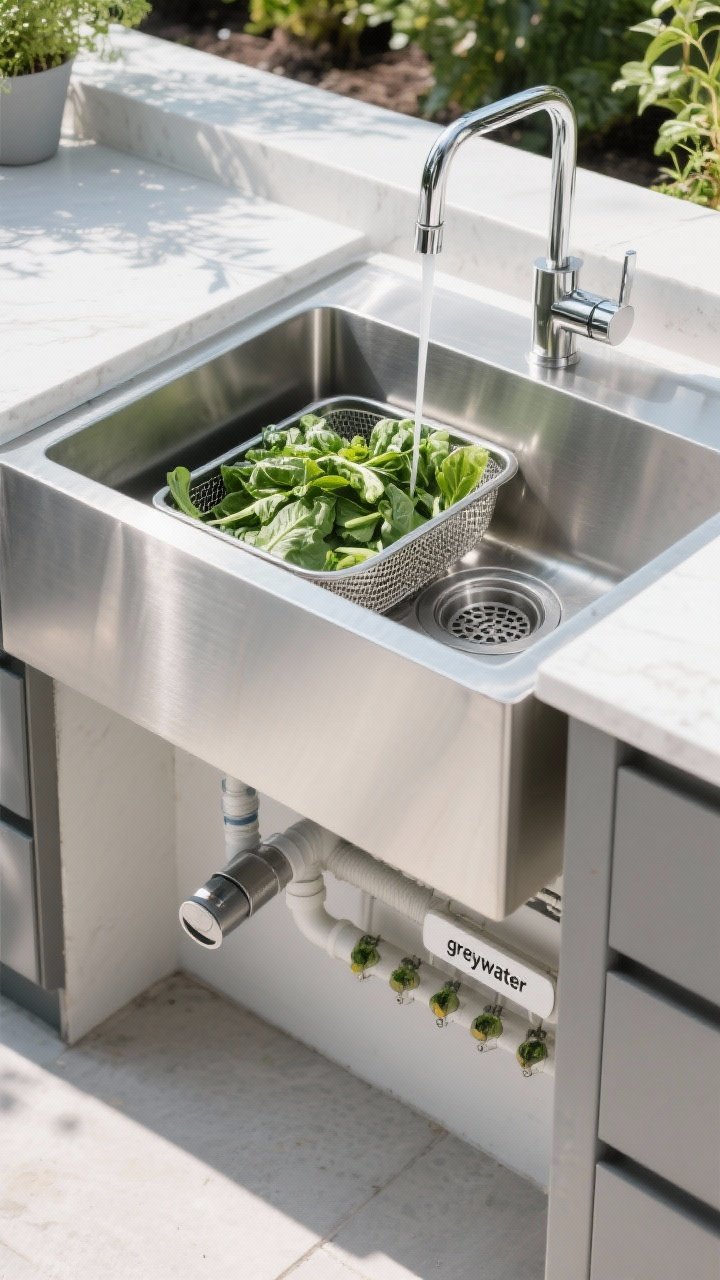 A closeup, slightly angled shot of a stainless outdoor sink station with a deep basin and integrated drainboard piled with freshly washed greens; a pull-down faucet with a foot pedal control visible at the base; mesh strainer set in the drain; discreet plumbing line marked “greywater” running to a labeled drip system manifold for non-edible plants; bright, clean daylight reflecting off brushed steel.