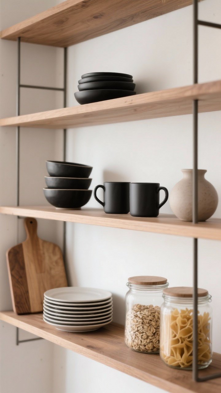 A closeup styling shot of open shelves that look curated: tight color palette of warm wood, white, and matte black accents; groupings of three—stacked bowls, a trio of mugs, and a set of glass jars with decanted oats and pasta; varied heights with a leaning cutting board, a plate stack, and a simple ceramic vase; one “breathing” shelf with negative space; soft daylight highlighting textures