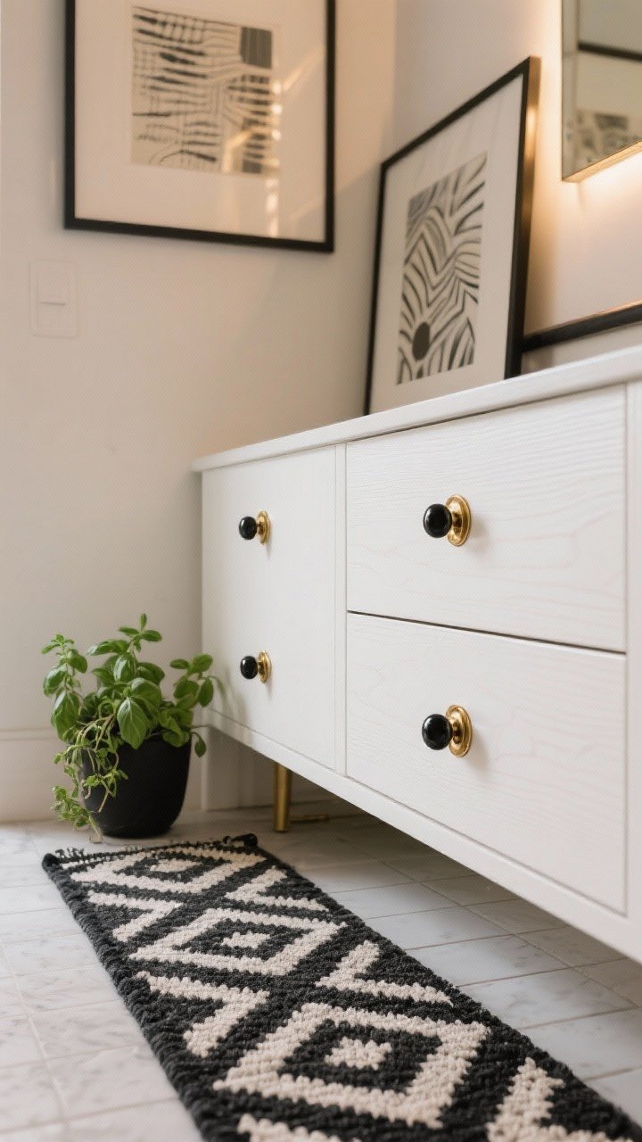 A closeup vignette capturing personality without clutter: a cabinet drawer front with bold mixed-metal hardware (brushed brass pulls with matte black knobs), a washable statement runner rug with a geometric pattern on the floor, a framed art print above a slim rail, contrasting edges like dark grout on light tile, and a small potted basil with trailing herbs nearby; cohesive white-wood-black color story; warm ambient light; photorealistic.