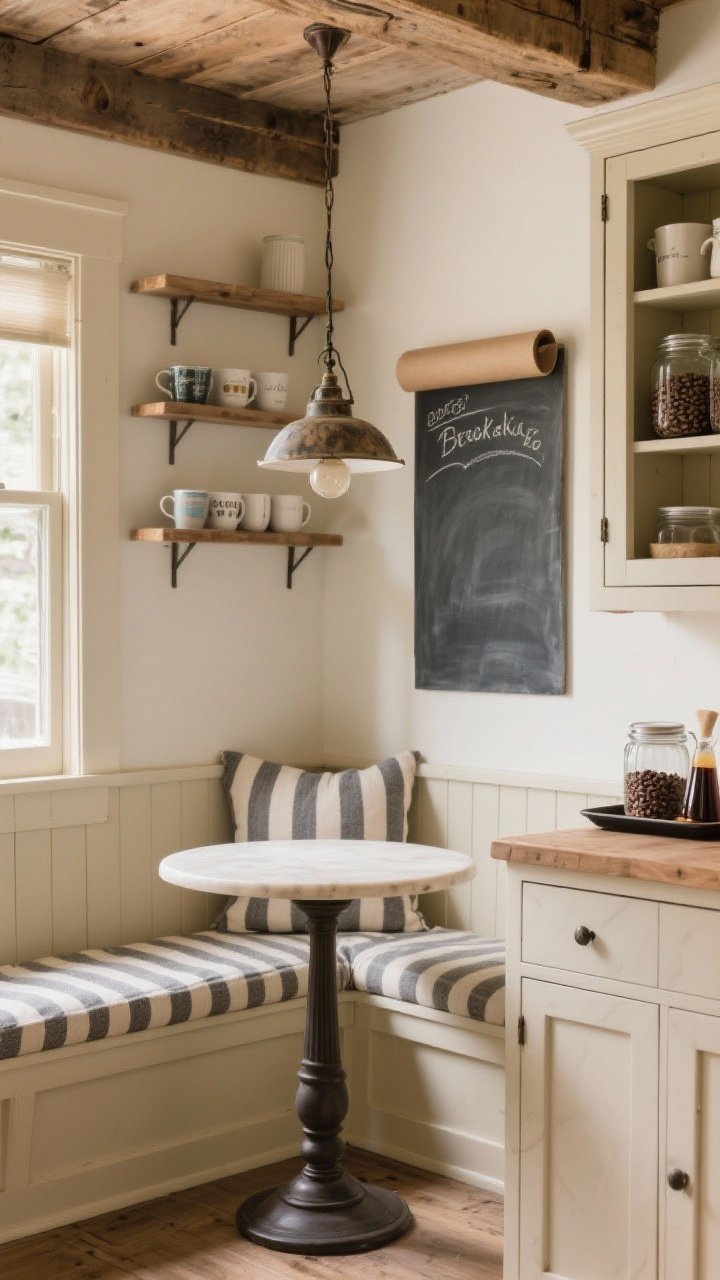 A cozy corner, medium shot of a rustic breakfast nook and coffee station: built-in bench with a ticking stripe cushion, a small round pedestal table, a vintage pendant above, and adjacent coffee bar cabinet with open shelves for mugs, glass jars of beans, and a tray for syrups; nearby a chalkboard message spot with kraft paper roll; warm, homey lighting and textures, photorealistic