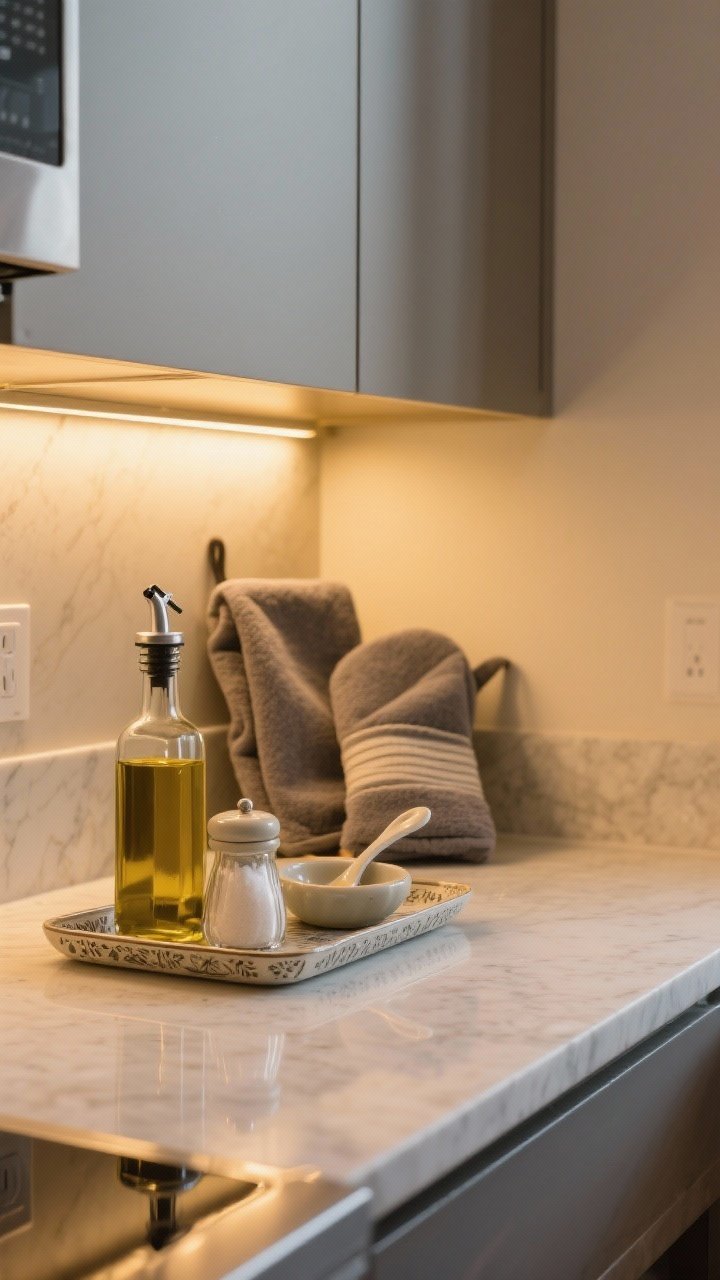 A cozy, detail-rich vignette of bonus styling touches on a counter: one pretty tray holding oil, salt cellar, and a ceramic spoon rest; warm under-cabinet lighting casting a golden glow; and matching textiles—a folded towel and potholder in the same muted color family (e.g., soft charcoal or oatmeal). Clean quartz countertop, subtle reflections, and a calm, elevated mood without clutter.