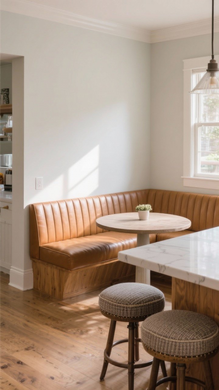 A cozy medium shot of an end-cap banquette attached to one island end: compact upholstered bench in performance fabric or faux leather, paired with a 36–40 inch round table; coordinating bar stools at the island echo the bench fabric on their cushions, warm wood tones, beadboard end panel, morning light, inviting family-friendly corner vignette that doubles as a breakfast nook.