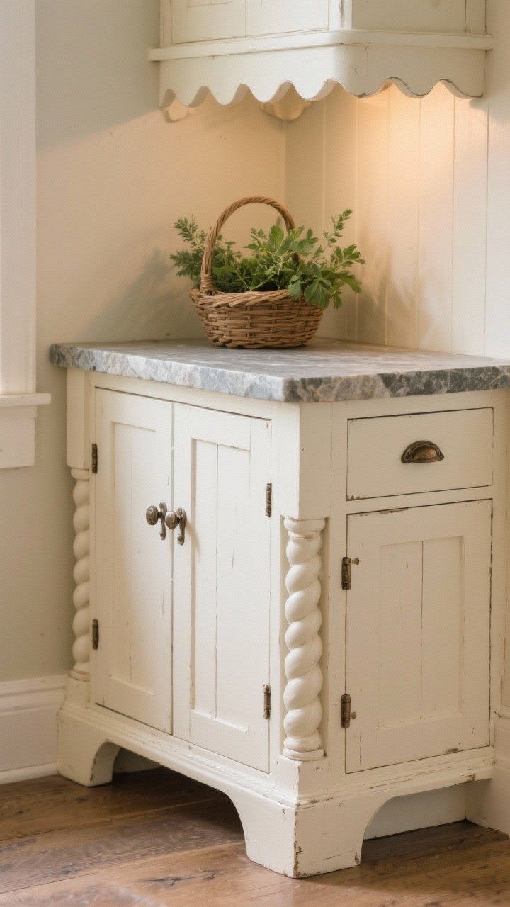 A cozy, photorealistic closeup of a cottage-style island corner featuring soft curves: rounded corner with scalloped apron detail, turned/tapered legs with subtle distressing; painted base in creamy white with a soft wax finish; antique-style cup pulls and latches; soapstone top with a small basket of fresh herbs; gentle, warm ambient light for an old-world, family-friendly mood.