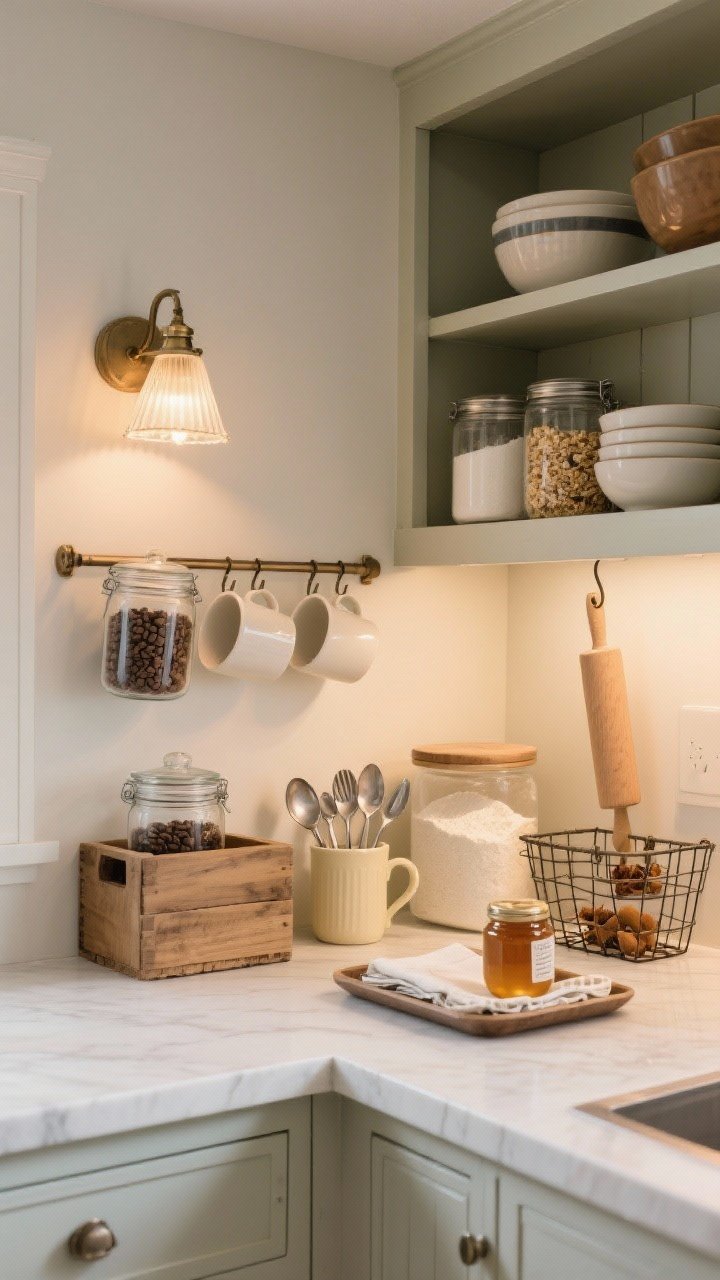 A cozy, straight-on medium shot of a built-in breakfast/coffee nook: a coffee bar section with mugs on a small rail, beans in clear jars, filters in a small wooden crate, spoons in a creamware cup; a baking zone beside it with flour, sugar, and spices within reach, a rolling pin hung on a hook, and nested mixing bowls; cereals in canisters on a breakfast shelf with honey and jam on a tray and napkins in a wire basket; finished with a tiny lamp casting a warm glow, photorealistic
