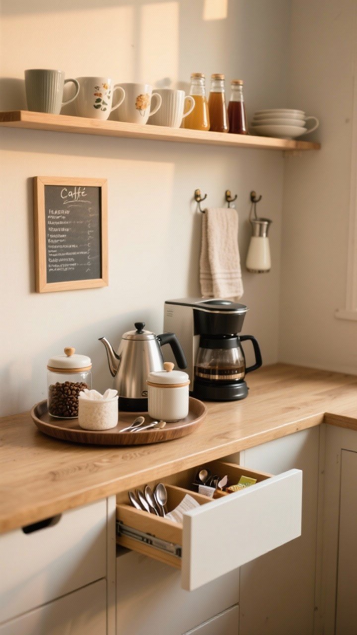A cozy, straight-on medium shot of a dedicated coffee/breakfast zone: a tray or lazy Susan holding a coffee maker and kettle, matching canisters for beans, tea, and sugar, and a small drawer organizer open with spoons, filters, and tea bags. Above, a narrow wall shelf with neatly arranged mugs and syrups, a tiny art print or menu-style chalkboard, and two small hooks for a towel and milk frother. Warm morning light for café-at-home vibes.