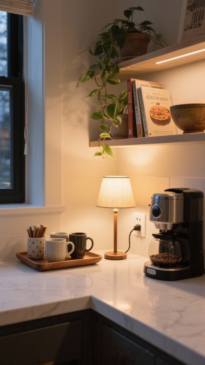 A cozy zone medium shot: a dedicated coffee station on a white counter with a wood tray, ceramic mugs, a small plug-in table lamp casting a warm glow, and a tidy arrangement of coffee essentials. Nearby open shelf vignette with a plant, a couple of cookbooks, and a vintage bowl. Evening mood lighting, inviting and functional, no people.