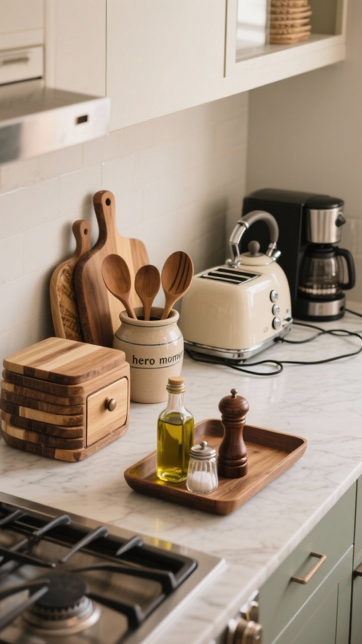 A curated countertop closeup: one “hero moment” featuring a stack of wood cutting boards, a ceramic crock filled with wooden spoons, and a vintage bread box; an appliance zone grouping toaster, kettle, and coffee maker together with tidy cords; a tray by the stove corralling olive oil, a salt cellar, and a pepper mill. Minimal visual clutter, extras stashed out of frame. Warm, natural task lighting, photorealistic, slight corner angle.
