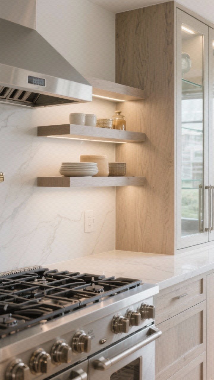 A detail closeup near but not over the range, focusing on cleanability: sealed or satin-finish open shelves positioned 24–36 inches away from the stove, lightly dust-free with neatly arranged items; subtle evidence of easy-wipe surfaces; a nearby glass-front cabinet offering airy display with doors; soft, even task lighting; realistic textures of wood grain and glass, showcasing grease-avoidant spacing