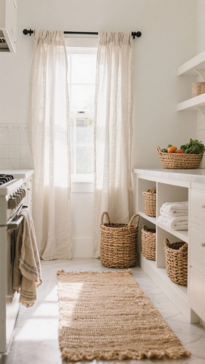 A detail closeup of cozy textiles and woven accents in a white kitchen: a natural-fiber jute runner underfoot, linen café curtains on a slim black iron rod filtering light, and wicker baskets on an open shelf holding produce and towels; soft morning light highlighting the weave and fibers; colors stay neutral and warm for low visual clutter.