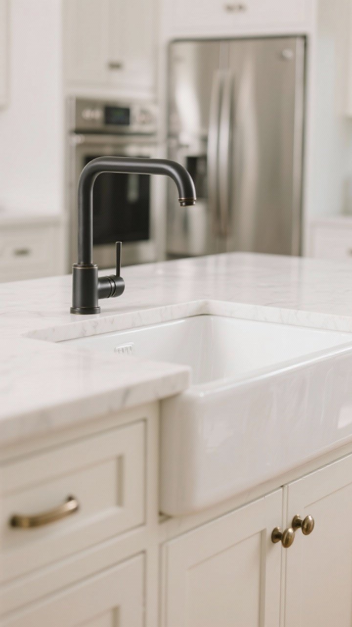 A detail closeup of mixed metals in a white kitchen: a matte black single-handle faucet at a white sink, polished nickel cabinet pulls on creamy white shaker doors, and stainless steel appliances blurred in the background. Crisp but warm lighting, about 70% dominant metal with a secondary accent, smooth counters and subtle reflections, no people.