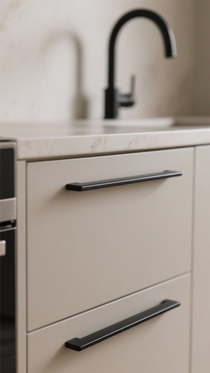 A detail closeup of streamlined kitchen hardware: slim matte black edge pulls on light cabinetry, matched perfectly with a matte black faucet in the background; soft, neutral surroundings to highlight the finish consistency; shallow depth of field, gentle side lighting that reveals the refined, modern forms, photorealistic.