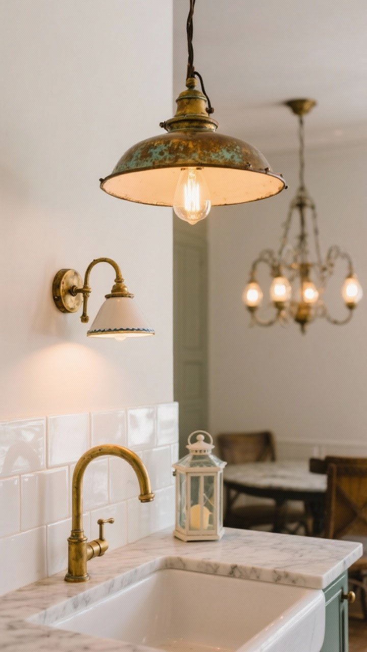 A detail-focused closeup of vintage-inspired lighting with patina: an aged brass pendant over a white island paired with a petite enamel shade sconce above a sink, warm bulbs at 2700K casting a golden glow on surrounding white tile and marble-look counter; in the background, a small glass lantern-style mini chandelier adds French bistro charm; emphasis on the soft, flattering light and lived-in finishes.