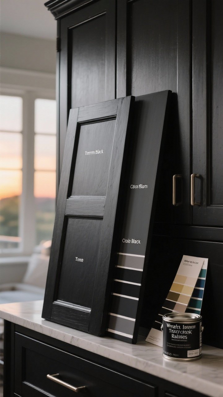 A detail-focused vignette of cabinet doors painted in several black paint sample boards leaning against a black cabinet: labeled warm black, cool black, and true black swatches showing undertone differences under varied light; cabinet door in a matte/satin sheen finish; nearby popular paint cans or swatch cards (e.g., Wrought Iron, Tricorn Black, Railings) implied; soft natural light from morning to evening zones suggested, emphasizing test-first approach; photorealistic, nuanced color study.
