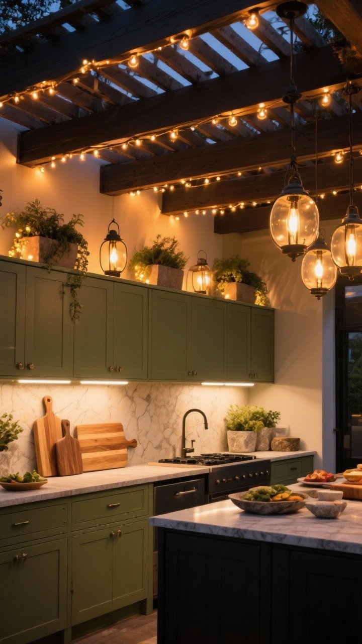 A detail-oriented evening shot layering lighting: under-shelf LED task lights illuminating a prep zone with cutting boards, lantern-style pendants providing ambient glow under the pergola, and warm string lights plus tiny uplights on planters creating sparkle; bulbs at 2700–3000K making food and stone textures look inviting; focus on the interplay of warm light across sage cabinetry and charcoal counters.