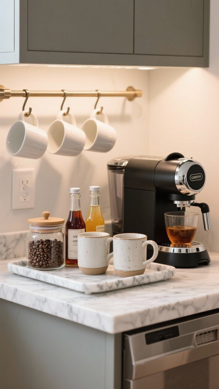A detail shot of a dedicated coffee station on a countertop: a marble tray corralling a sleek espresso machine, two ceramic mugs, and flavored syrup bottles; glass canisters with coffee beans and tea, and under-shelf hooks neatly hanging additional mugs; softly lit, café-style ambiance with tidy, functional styling